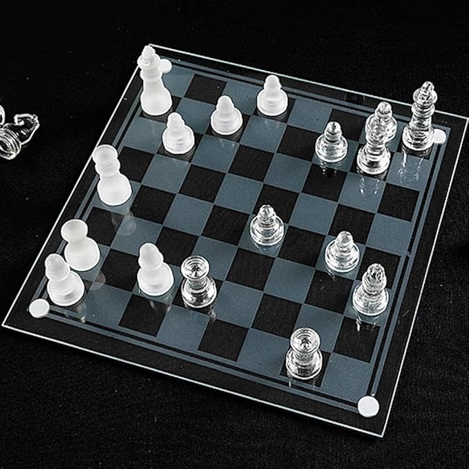 10"*10" Glass Chess Set Frosted and Clear Pieces Felted Bottom for Adult and Teens（Gift for Game Education）