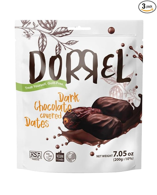 DORREL - Belgian Dark Chocolate Covered Medjool Dates, High Energy Vegan Choco Snack Delicious, Kosher & Non-GMO, Pack of 1 Chocolate Covered Dates, 7.05 oz / 200 g Ea