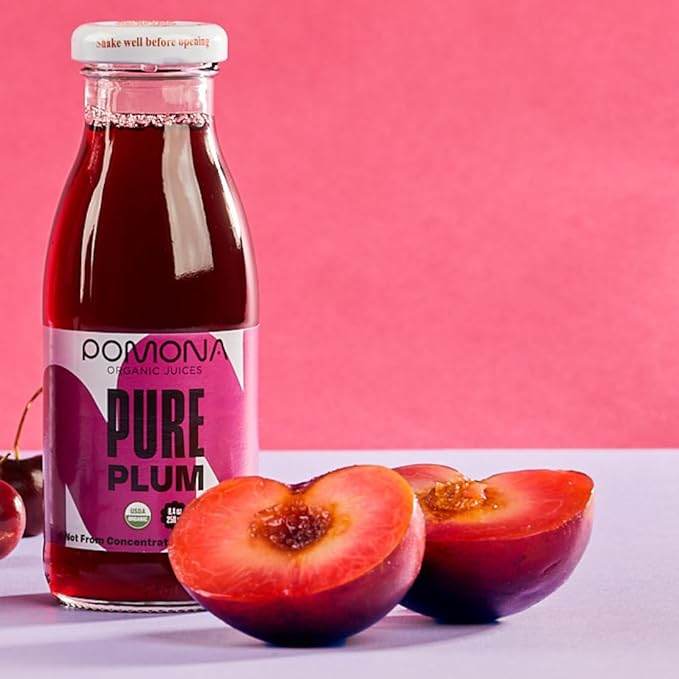 Pomona Organic Plum Juice (Pack of 12), Cold Pressed USDA Organic Juices, 100% Plums, No Added Sugar, Not From Concentrate, Vegan, Kosher, Non GMO, Pasteurized, 8.4 oz Glass Bottles
