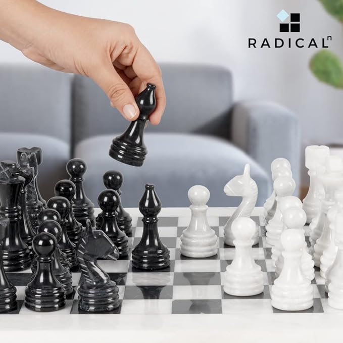 Radicaln Marble Chess Set with Storage Box 15 Inches White and Black Handmade 1 Chess Board with 32 Chess Pieces - Chess Game for 2 Player Board Game Chess Sets for Adults