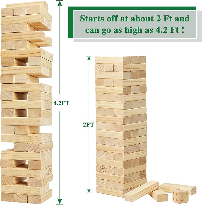 Olsa Giant Tumble Tower 57PCS Wooden Block Stacking Yard Games with Carrying Bag Classic Indoor & Outdoor Game for Adults and Family Party Games for Backyard Lawn Beach Camping (Over 4.2 Ft)