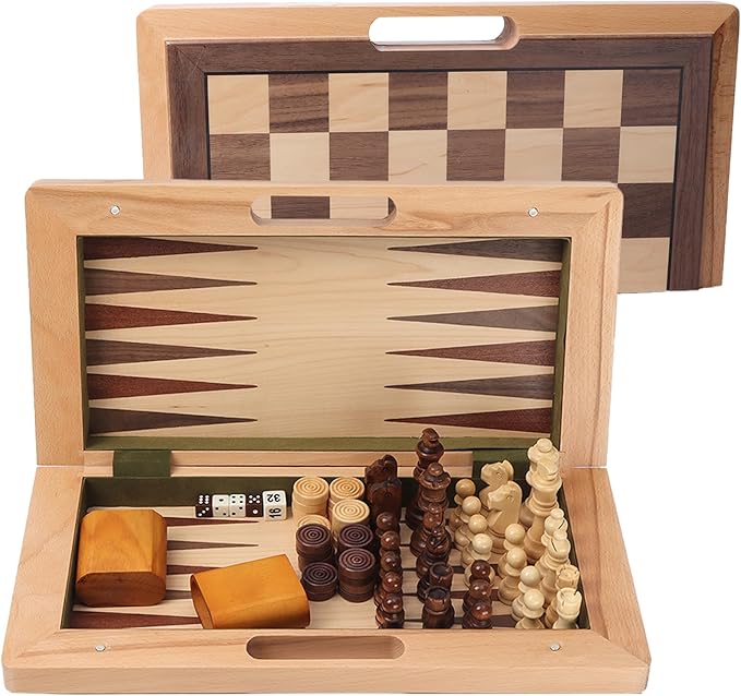 GSE Games & Sports Expert 16" Deluxe 3-in-1 Wooden Folding Chess, Checker & Backgammon Board Game Combo Set, Portable Travel Game Set for Kids & Adults