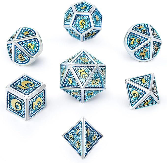 DNDND Dragon Skin Metal Dice Set, 7 PCS Metallic D&D Die with Metal Tin for DND Game (Azure with Silver Edge)