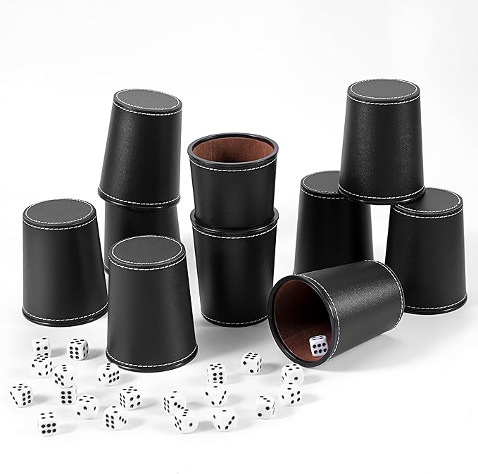 10x Dice Cup Set, PU Leather Dice Shaker Cups with 50 Dices for Bar Party Yahtzee Farkle Dice Games, Coffee (10, Black)