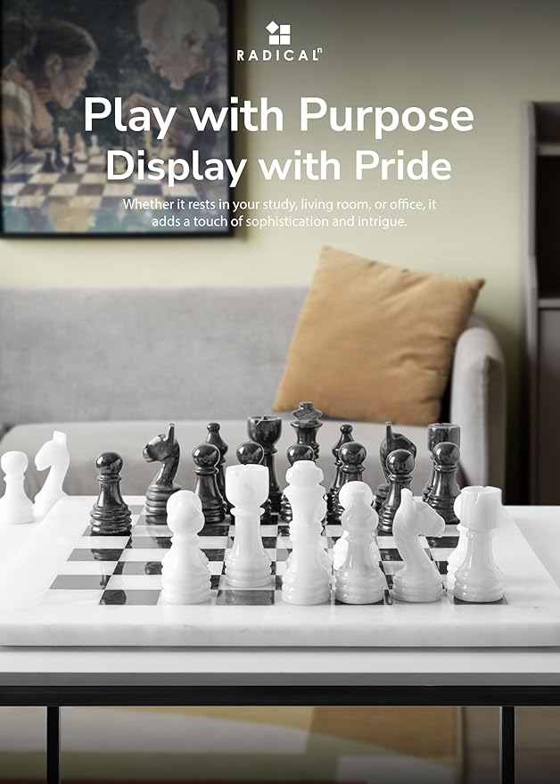 Radicaln Marble Chess Set 12 Inches White and Black Handmade Chess Sets for Games for Adults - 1 Chess Board & 32 Chess Pieces 2 Player Games - Travel Chess Board Game