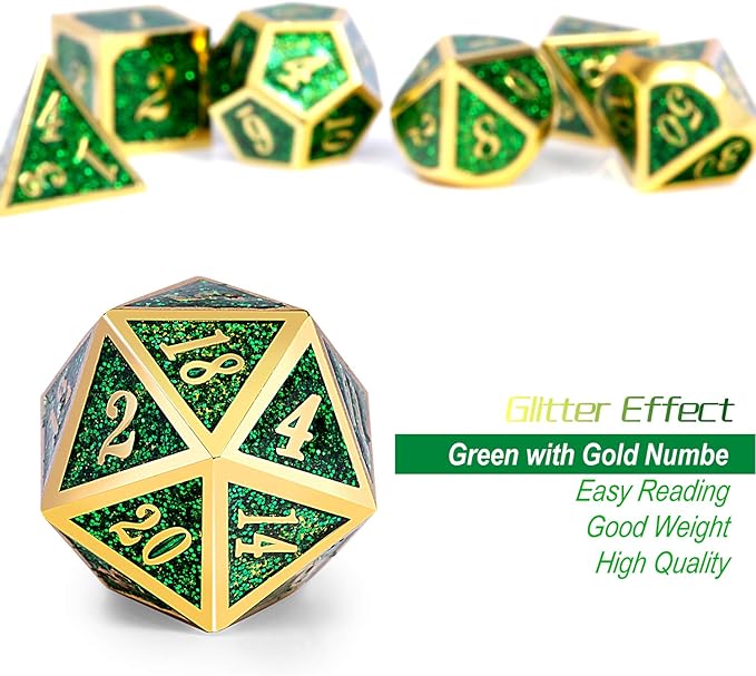 DNDND Metal Dice Set D&D,Glitter Green Heavy DND Dice with Free Metal Case for Role Playing Games Dungeons and Dragons