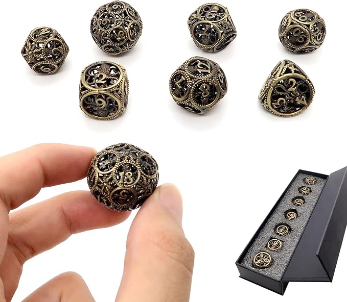 DND Dice,Hollow D&D Metal Dice,Unique Round Ball Design Octopus Dice with Gift Box for Dungeons & Dragon Gaming,7 PCs Steampunk Polyhedral D and D Dic (Ball Octopus Bronze)