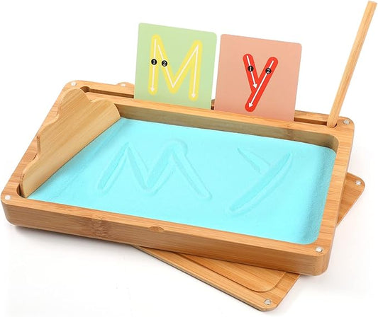 Montessori Sand Tray with Lid - Wooden Sand Trays for Kids Writing Letters and Numbers, Preschool Classroom Must Haves, Kindergarten Learning Tools (Blue)