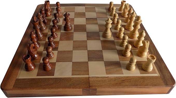 VINTAGOLOGY Acacia Wooden Folding Chess Board - Handcrafted Natural Finish, Ideal for Home Decor, Family Game Nights, Travel, and Collectors -12 inch