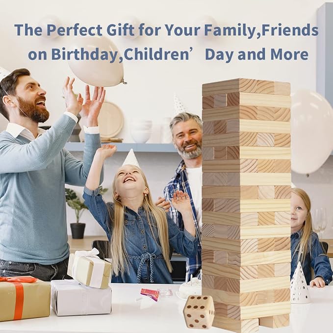 Giant Tumble Tower Family Games for Kids and Adults 60 Blocks New Zealand Pine Wooden Blocks Stacking Up to 5 FT for Indoors Outdoors Yard Games for Family