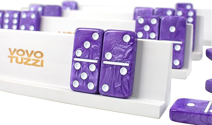 Dominos Set for Adults, Double 6 Dominoes Set with 4 Domino Wooden Racks, Marble Purple Dominos for Kids and Adults with Portable Travel Case, Classic Board Games for Family