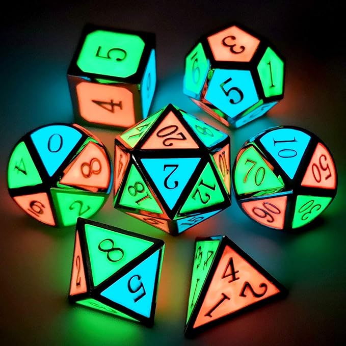 Haxtec Glow in The Dark Glowing Blue Red Green Silver Metal Dice Set D&D 7PCS DND Dice Set for Dungeons and Dragons RPG Games-Silver Glowing Blue Green Red