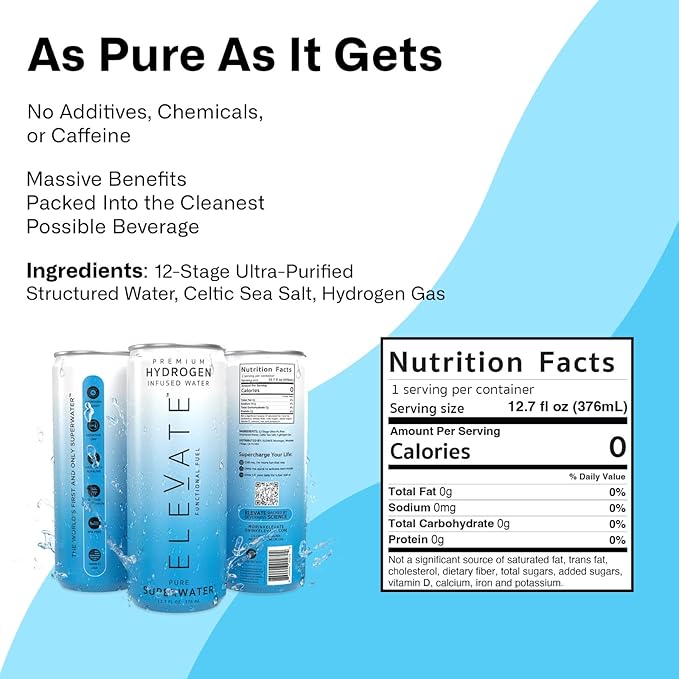 ELEVATE SUPERWATER Premium Hydrogen Water (24 pack). Highest Hydrogen (3-5 PPM) and Lowest -650 ORP. Supports Recovery, Energy, Hydration, Focus, and Endurance. BACKED BY SCIENCE.