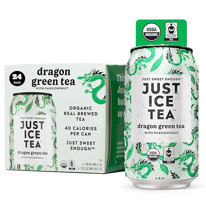 Just Ice Tea, Dragon Green Iced Tea, 24-Pack (12oz Cans), Green Tea, USDA Certified Organic, Real Brewed, Low Calorie, No Artificial Sweeteners, Fair Trade, Made in USA.