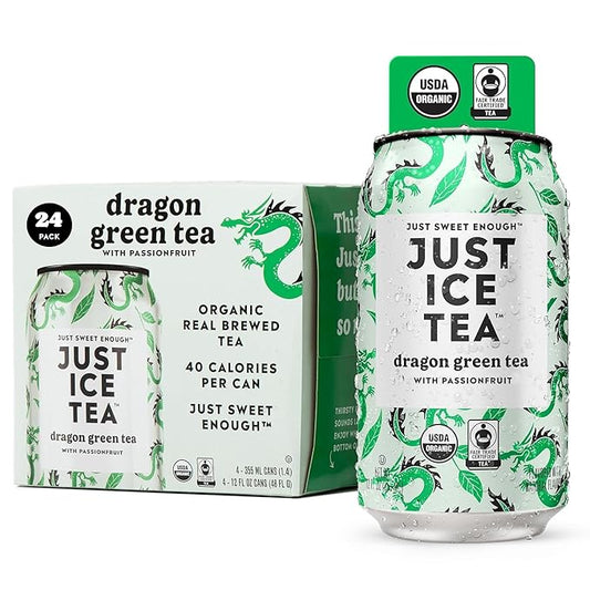 Just Ice Tea, Dragon Green Iced Tea, 24-Pack (12oz Cans), Green Tea, USDA Certified Organic, Real Brewed, Low Calorie, No Artificial Sweeteners, Fair Trade, Made in USA.