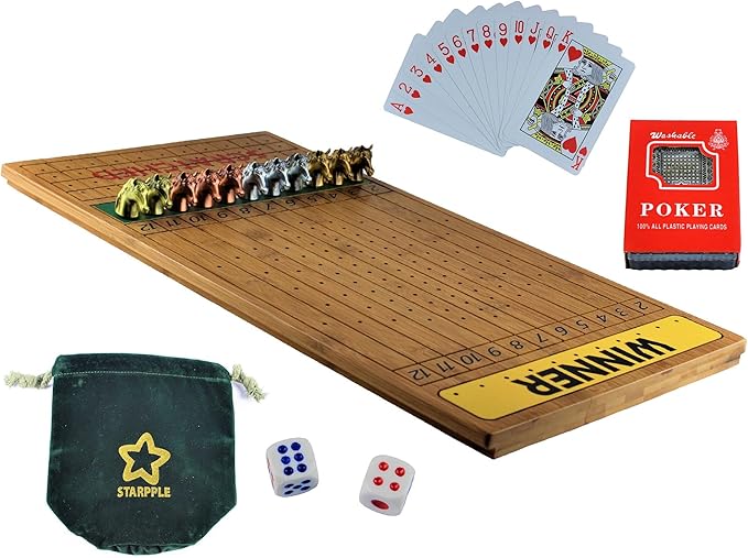 Metal Horse Race Board Game Set with Horse Racing Thick & Solid Wood Game Board(22"/Dark),11 Luxurious with 4 Antique(Gold,Silver,Red Cooper&Bronze) Metal Craft Horses, Dice&Cards (HR-F654)