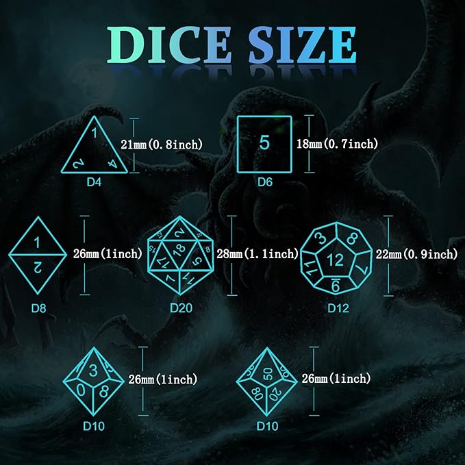 D&D Dice, Metal Polyhedral Dice Set Role Playing DND Dice for Dungeons and Dragons HNCCESG Hollow Cthulhu Dice for Table Game RPG MTG (Blue)
