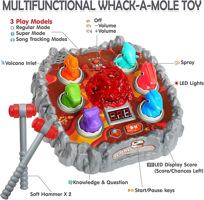 Yerloa Whack Game Mole Dinosaur Toys for Kids 2 3 4 Year Old Boy Birthday Gift, Sensory Toddler Boy Toys for Ages 2-4 2-3 4-6 3-5 Dino Volcano Learning Easter Gifts with 2 Hammers, Music Spray Light