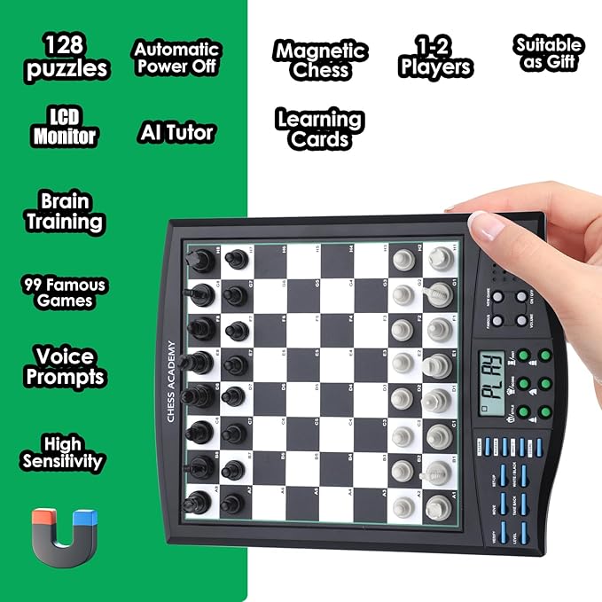 Talking Chess Academy Electronic Chess Board, Smart Chess Board with Voice Teaching System, Computer Chess Game with Strong Magnetic Pieces, 1-2 Player, Electronic Chess Set - Simple Portable Travel