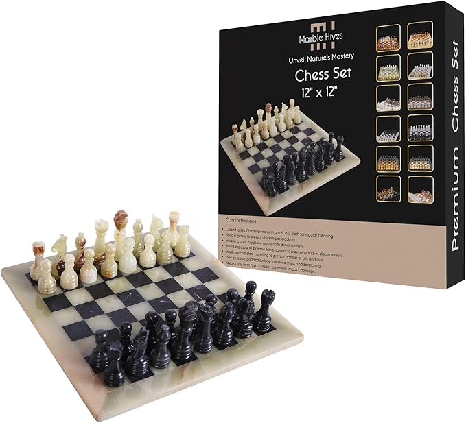 Handmade Marble Chess Set - Light Green & Black (12 x 12 Inches) - Chess Sets for Adults - Premium Quality Chess Boards - Fancy Chess Boards