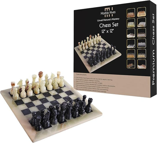 Handmade Marble Chess Set - Light Green & Black (12 x 12 Inches) - Chess Sets for Adults - Premium Quality Chess Boards - Fancy Chess Boards