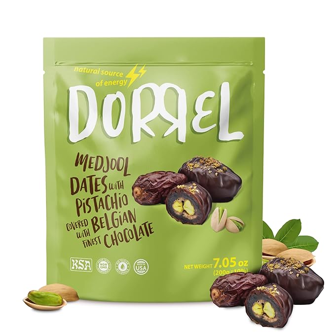 Dorrel Belgian Dark Chocolate Covered Medjool Dates Stuffed with Pistachios, Nutritious and Tasty Dark Chocolate Pistachio Nuts, High-Energy Snack, Non-GMO, Kosher, 1 Pack