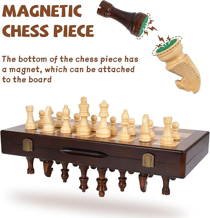 2 in 1 Magnetic Chess Set and Checkers Board Game Set 15" Wooden Folding Chess Board with 2 Extra Queens Travel Chess Sets Family Board Game Gift for Kids, Adults Portable Elegant Classic Chess Game
