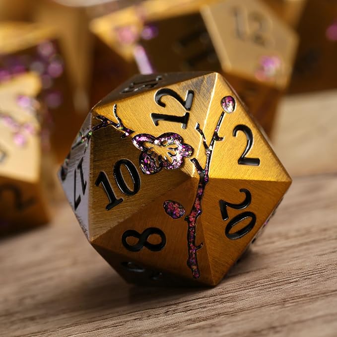 DNDND Flower Metal DND Dice, 7 PCS Heavy Solid Metallic Dragon Dice Set with Gorgeous Gift Case for D&D Dungeons and Dragon Tabletop Game (Ancient Brass)