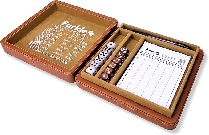 Luck Lab Farkle Dice Tray and Storage Case - Includes Embedded Scoring Combinations, 2 Sets of 6 Pearl Dice, 40 Sheet Score Pad and Pen Holder for The Classic Family Game (Brown)