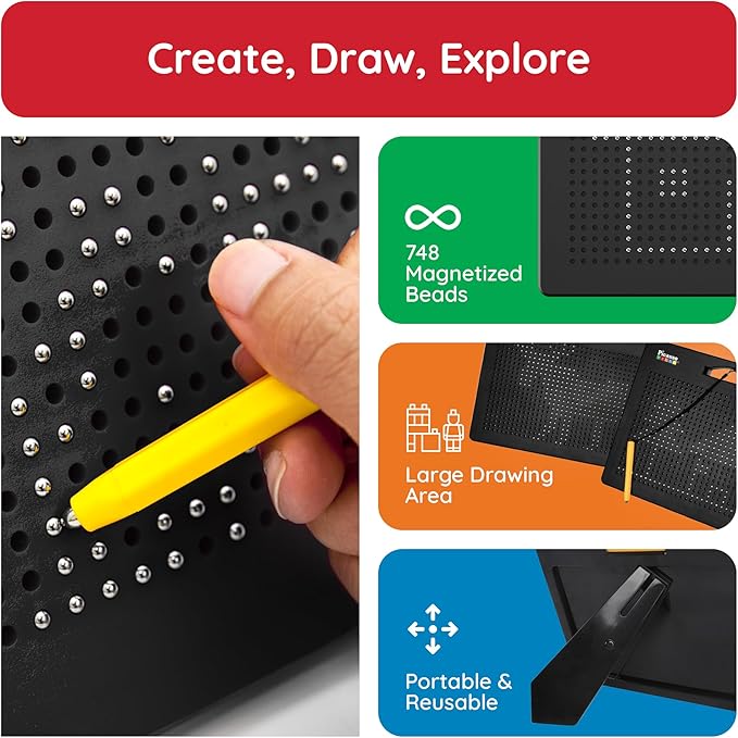 Picasso Toys Magnetic Drawing Board 12x10 inch Large 748 Bead Magnet Tablet Pad Erasable Reusable Writing Playboard STEM Toys Educational Playset Open-Ended Learning Kit Child Brain Development PTB01