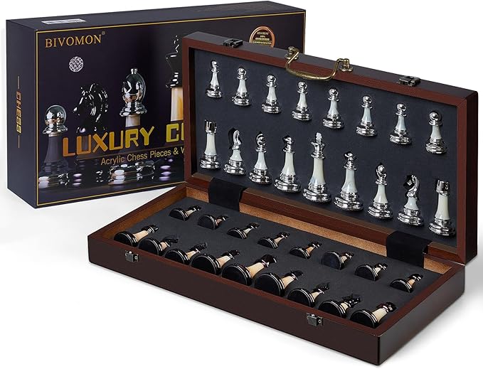 Deluxe Chess Set 16.5'' Wooden Large Folding Chess Board Game with Handle, Weighted Acrylic Chess Pieces - 3.5" King with Storage Slots for Beginners, Professional Players