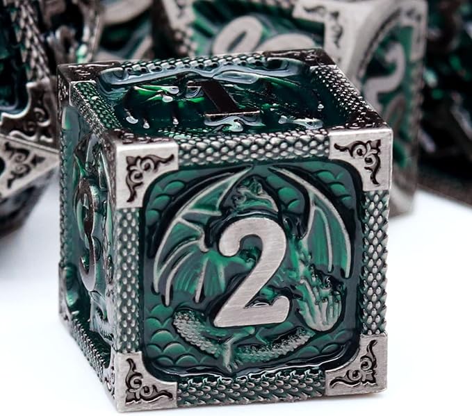 Haxtec DND Dice Set Metal D&D Dice Set with Leather Dice Bag Antique Iron Green Metal Polyhedral Dice for Dungeons and Dragons TTRPG Gifts