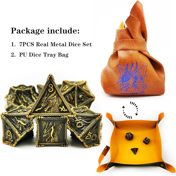 HAOMEJA Dice DND Metal Dragon Set Dice 7 Role Playing Dice D&D Solid Dice Dungeons and Dragons (Ancient Brass)