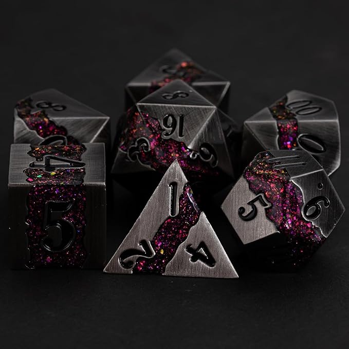 Metal DND Polyhedral Dice,Large Stripe Glitter Metallic Dice Set,Antique Silver Dice 7pcs Set for Role Playing Games(Antique Nickel Rose Red)