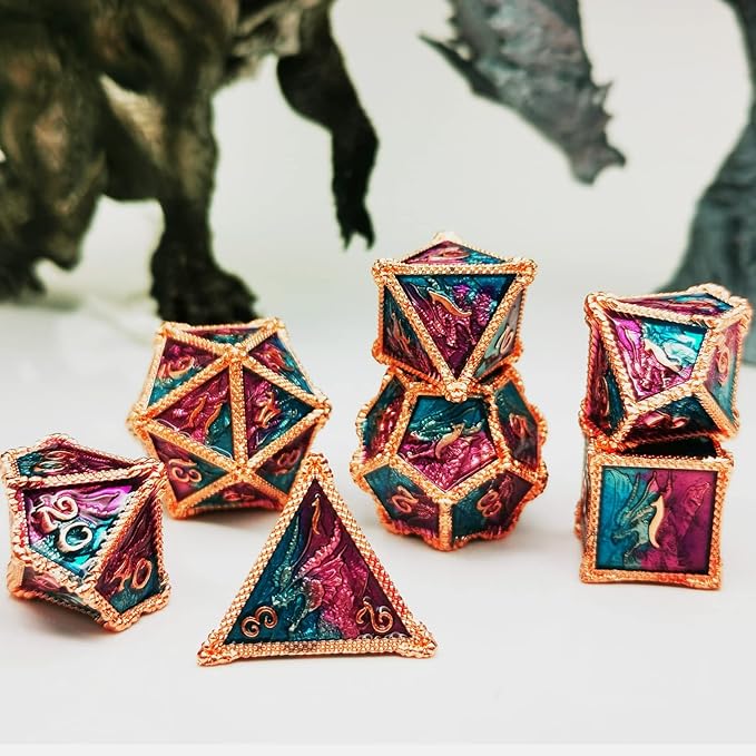 HAOMEJA DND Dice Metal Dragon Set Dice 7 Role Playing Dice D&D Solid Dice Dungeons and Dragons (Red Copper Blue Purple)