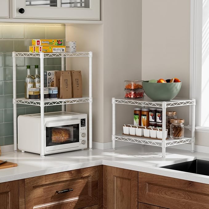 Small 2 Tier Shelves Storage Wire Shelving Unit Metal Shelf Adjustable Organizers Storage Shelving with Wheels for Bathroom Laundry Room Kitchen Pantry12”D x 18”W x 12.2”H White