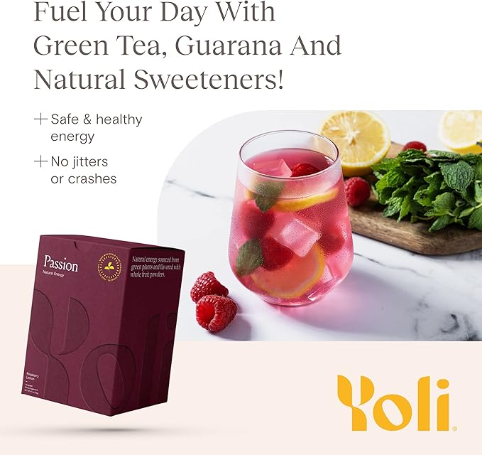 Yoli® Passion Energy Drink Powder Mix - Natural Energy Drink Mix for Endurance and Stamina, 30 Packets - Raspberry Lemon