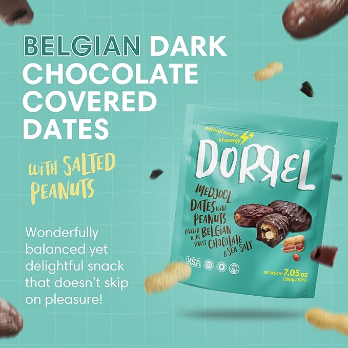 DORREL - Belgian Dark Chocolate Covered Dates (Medjool) with Salted Peanuts Stuffing, High Energy Vegan Choco Snack, Delicious, Kosher & Non-GMO, Pack of 1 Stuffed Chocolate Dates, 7.05 oz / 200 g Ea