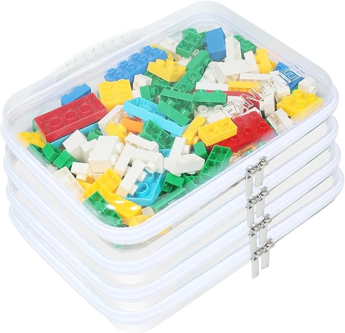 4Pack Zippered Hard Pouch, Clear Hard Shell Zipper Case, Clear Plastic Pouches Travel Bags for Kids, Storage for Building Blocks, Puzzles, Cosmetics, Crafting Supplies