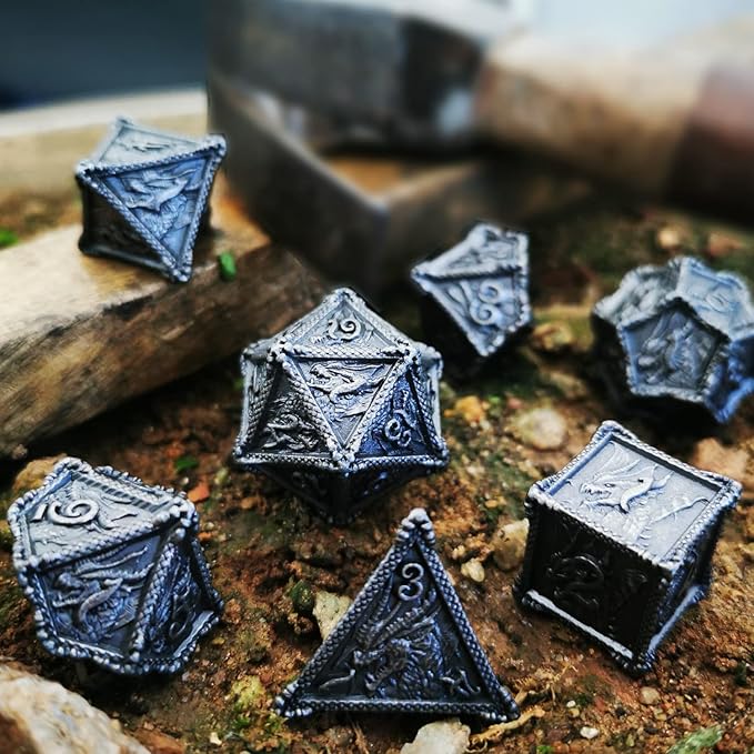 HAOMEJA Metal Dragon Dice Set - 7 Solid Dice for D&D & Dungeons and Dragons (Antique Iron)