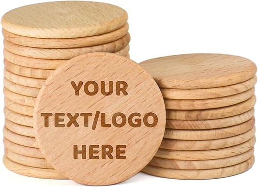 30-1000 Custom Wooden Tokens, 1.5 Inch Personalized Drink Tokens, Engraved with Your Logo/Text or Image on a Wood Chip, Good for Bar, Party, Weddings, Corporate Events, Promotions