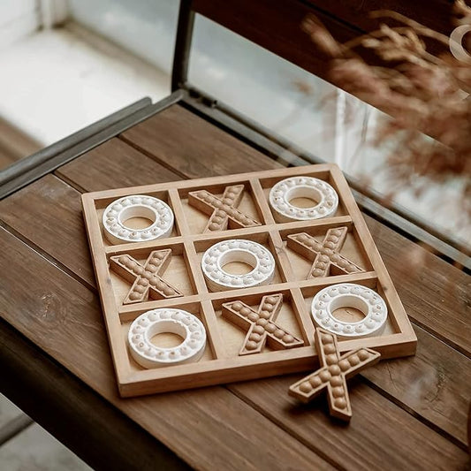 NIKKY HOME Tic Tac Toe Game Coffee Table Decor, 10.6 Inch Rustic Wooden Board, Wood & White