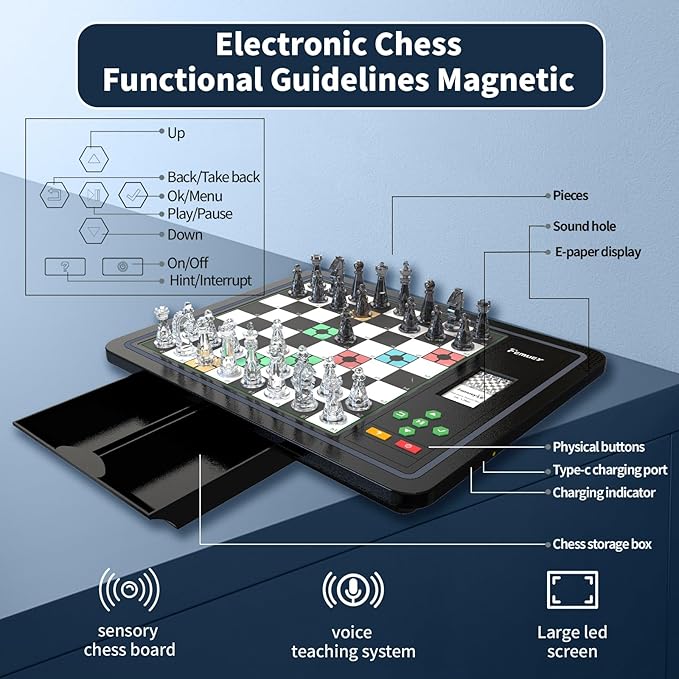 Electronic Chess Set, Computer Chess Game, Chess Set Board Game, Electronic Chess Game, LEDs, Built-in Battery, Great Partner for Play and Practice