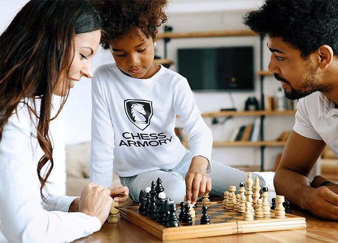 Chess Armory Wooden Chess Set 15 Inch - Classic Handcrafted Game Board for Adults and Kids with Extra Queen Pieces and Storage Box - Ideal for Home and Travel - Non-Magnetic