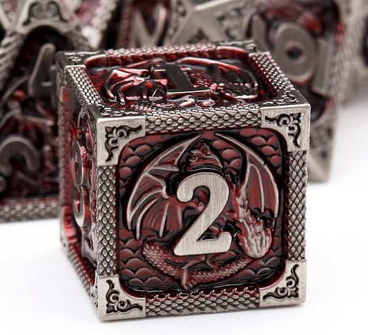 Haxtec DND Dice Set Metal D&D Dice Set with Leather Dice Bag Antique Iron Red Metal Polyhedral Dice for Dungeons and Dragons TTRPG Gifts