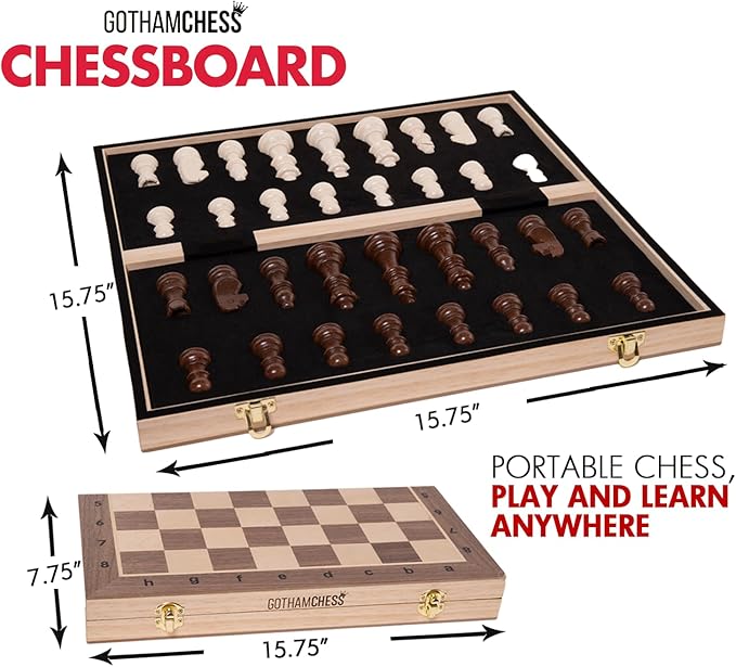 GothamChess Board- Foldable, Magnetic Pieces, Quality Wood, Fitted Storage, Includes Course by International Master Levy Rozman
