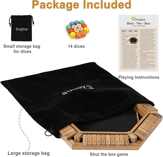 Exqline Shut The Box Game for 2-6 Players, Wooden Board Table Math Game with 14 Dice, 6 Way Classic Puzzle Board Games for Home Classroom or Pub