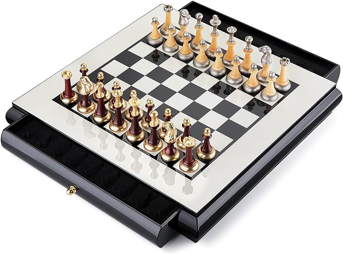 AMEROUS 16 Inches Wooden Chess Set, Large Size Board with 2 Built-in Storage Drawers - 2 Extra Queens - Metallic & Wooden Chess Pieces - Gift Packaging, Board Games for Adults and Kids
