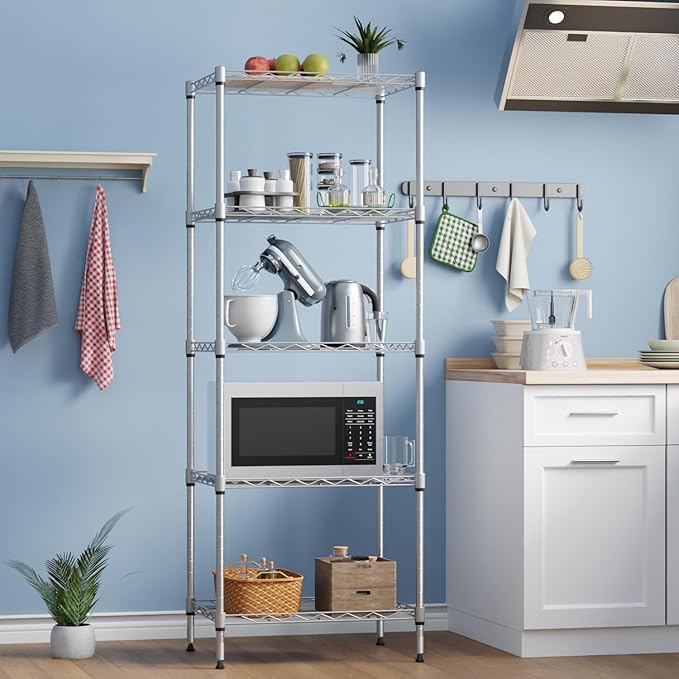 Metal Frame Storage Shelves 5-Tier Wire Shelving NSF Certified Storage Rack Shelf Heavy Duty Storage Shelf with Leveling Feet for Home Kitchen Garage, 12" Dx17 Wx48 H, Chrome