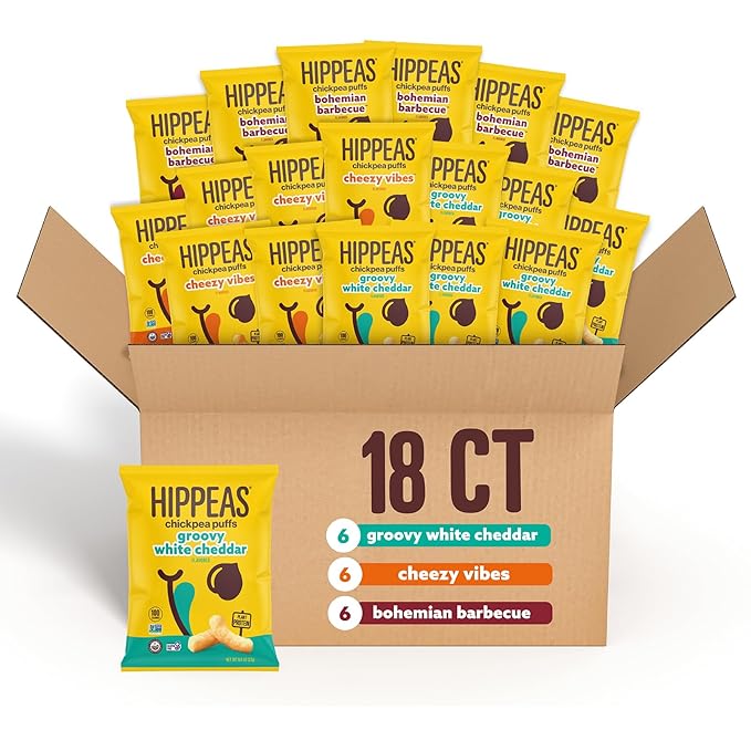 Hippeas Chickpea Puffs, Variety Pack: Vegan White Cheddar, Nacho Vibes, Barbecue, Sriracha, 0.8 Ounce (Pack of 18), 3g Protein, 2g Fiber, Vegan, Gluten-Free, Crunchy, Plant Protein Snacks